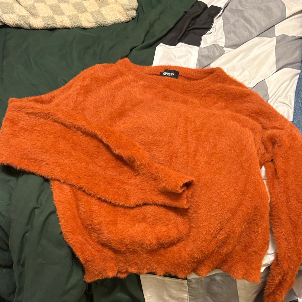 Express Women's Fuzzy Sweater Rust-Orange